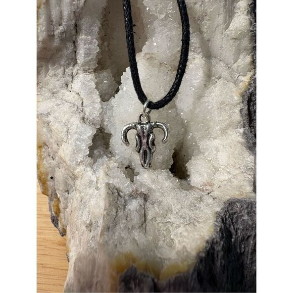 Necklace, Cow Skull and Black Cord Necklace, NEW, Handmade, 16”, Artisan - Picture 1 of 4
